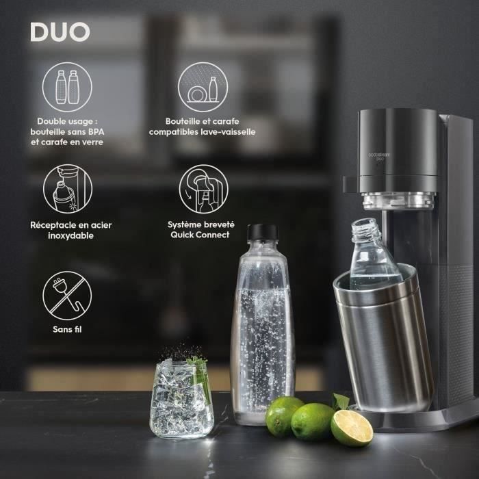 SODASTREAM Duo - Machine a Eau PÈtillante Noire - Pack 2 Bouteille 1L Compatible Lave-Vaisselle + 1 Recharge de Gaz 60L a Clipser