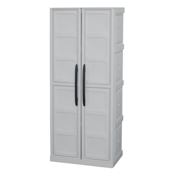 Armoire de rangement haute en rÈsine TOOD avec porte-balai - 3 tablettes - Taupe/Ècru