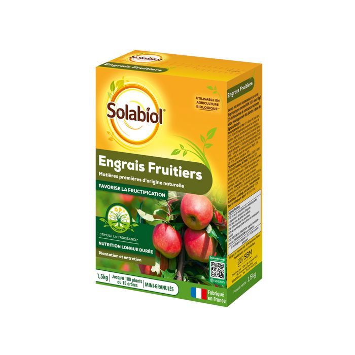 SOLABIOL Engrais fruitiers - 1,5kg - Jusqu'a 180 plants - Stimulateur de croissance - Nutrition longue durée - UAB SOFRUY15