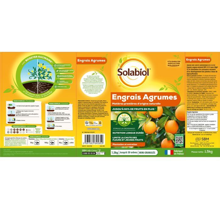 SOLABIOL Engrais agrumes - 1,5kg - Favorise la fructification - Nutrition longue durée - Jusqu'a 60% de fruits en plus - UAB