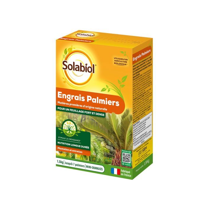 SOLABIOL Engrais palmiers et plantes méditerranéennes - 1,5kg - Jusqu'a 7 palmiers - Pour un feuillage fort & dense
