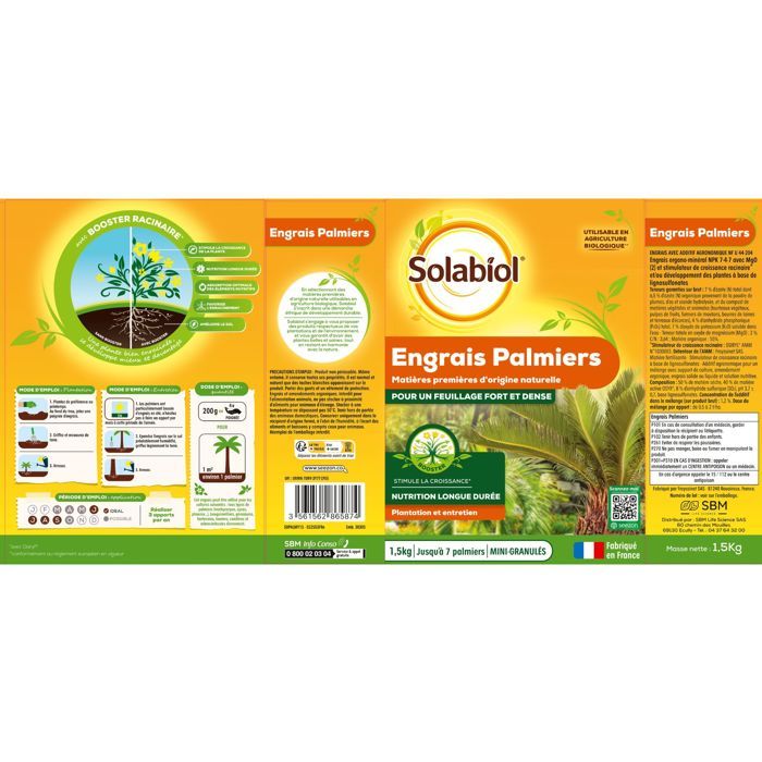 SOLABIOL Engrais palmiers et plantes méditerranéennes - 1,5kg - Jusqu'a 7 palmiers - Pour un feuillage fort & dense