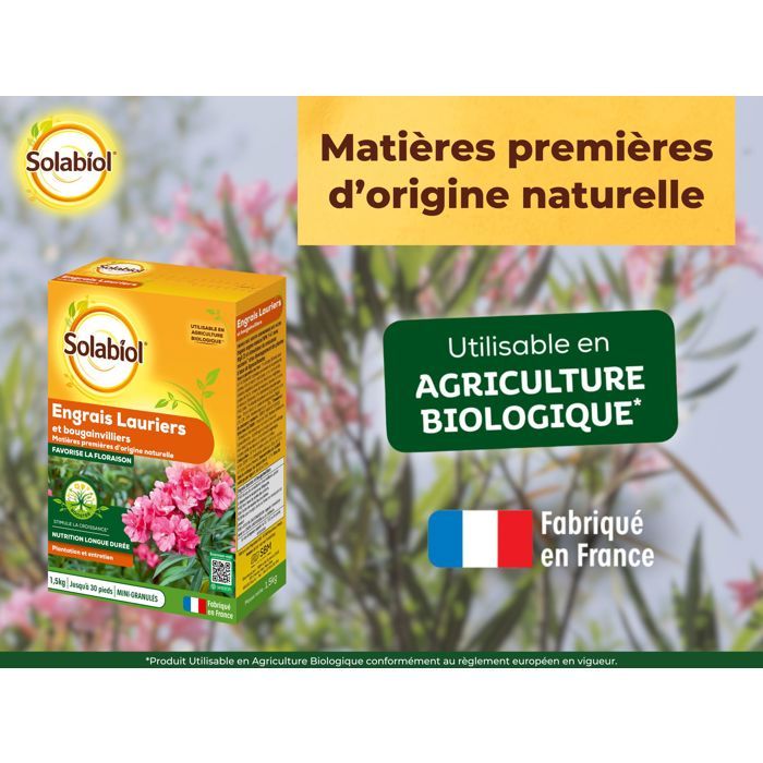 SOLABIOL Engrais lauriers & bougainvilliers - 1,5kg - Jusqu'a 30 pieds - Favorise la floraison et la croissance