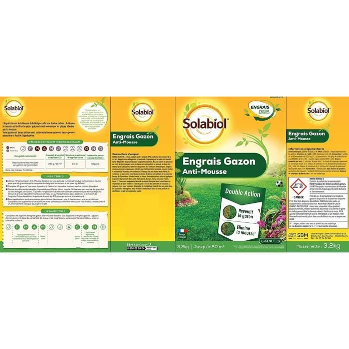 SOLABIOL - Engrais Gazon Anti-Mousse Double Action 80m2 - Etui 3,2 kg