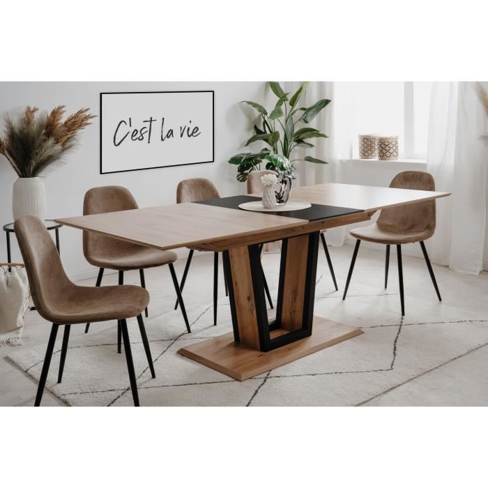 Table extensible - SORIA - Rectangulaire - 10 personnes - 160/200 x 76 x 90 cm - Noir / Chene artisan