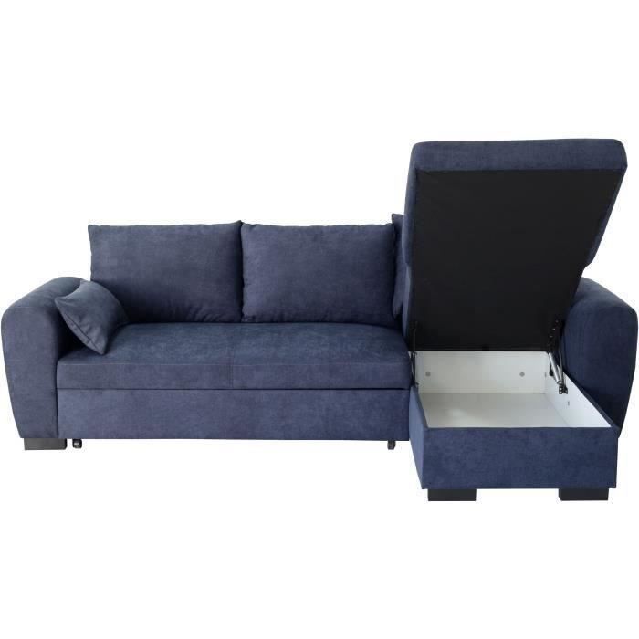 Canapé d'angle convertible réversible MAX - Méridienne avec coffre - Tissu bleu - L 240 x P 143 x H 85 cm