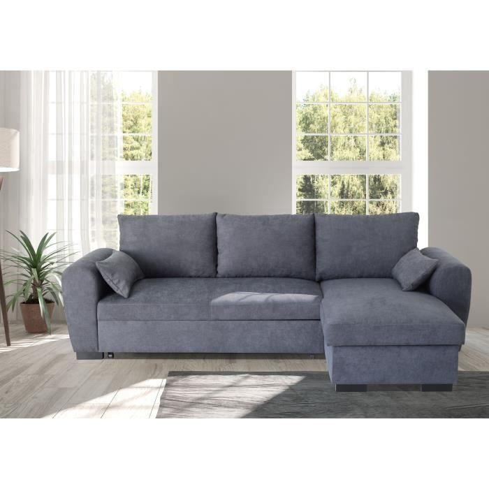 Canapé d'angle convertible réversible MAX - Méridienne avec coffre - Tissu gris foncé - L 240 x P 143 x H 85 cm