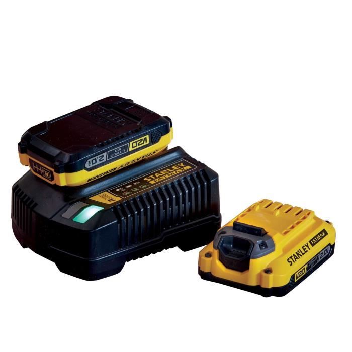 Pack 2 batteries 18V 2 Ah + chargeur 2A - Stanley Fatmax - Compatible avec la gamme STANLEY FATMAX V20 - SFMCB12D2-QW