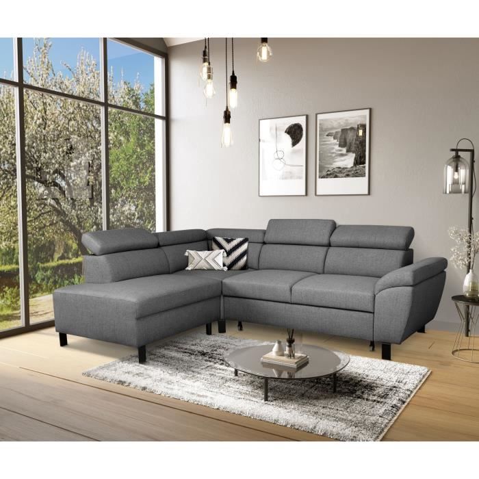 CanapÈ d'angle convertible - 4 personnes - STAN - Tissu Anthracite - 3 tÈtieres - RÈversible - 243 x 92 x 184 cm