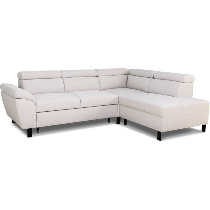Canapé d'angle convertible - 4 personnes - STAN - Tissu Beige - 3 tétieres - Réversible - 243 x 92 x 184 cm