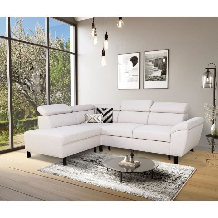 Canapé d'angle convertible - 4 personnes - STAN - Tissu Beige - 3 tétieres - Réversible - 243 x 92 x 184 cm