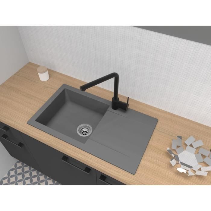 STRADOUR Evier a encastrer EINNA, en SMC GRIS BETON - 16, 1 bac, dim. 78 * 43,5 cm, vidage manuel