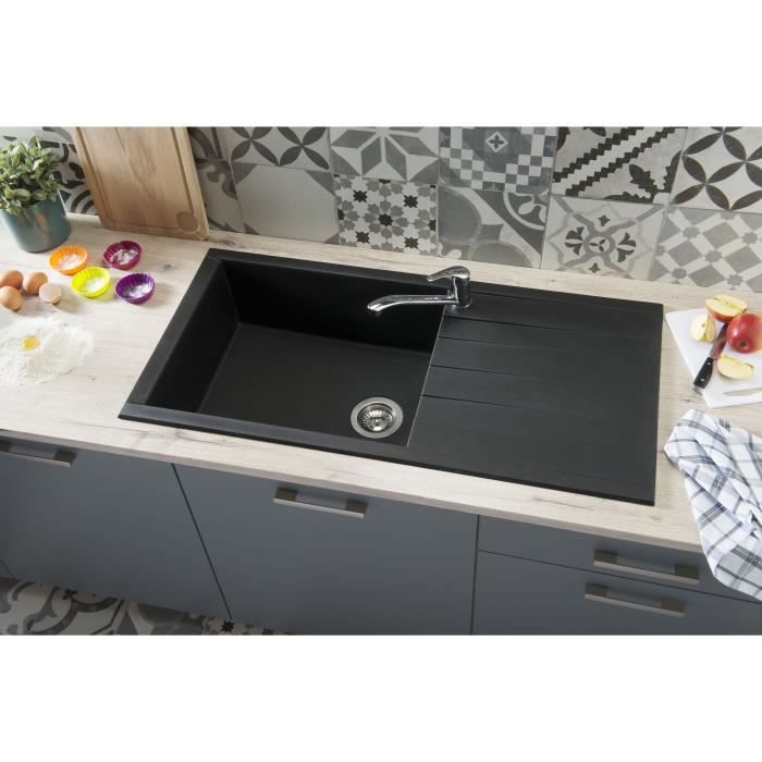 STRADOUR Evier a encastrer CUBE, en SMC NOIR PAILLETE - 06, 1 bac, dim. 100 * 50 cm, vidage manuel