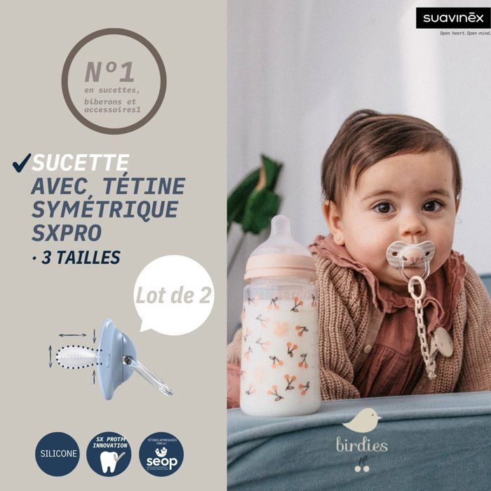 Lot de 2 sucettes symétriques - SUAVINEX - Birdies - SX Pro - 6 a 18 mois - Beige