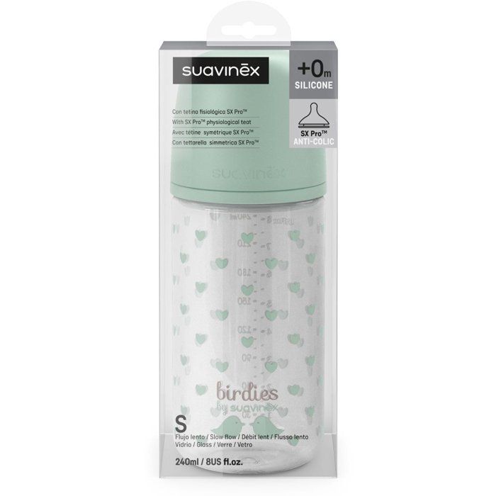 Biberon verre - SUAVINEX - Birdies - Tétine SX Pro S - 240 ml - 3 a 6 mois- Vert