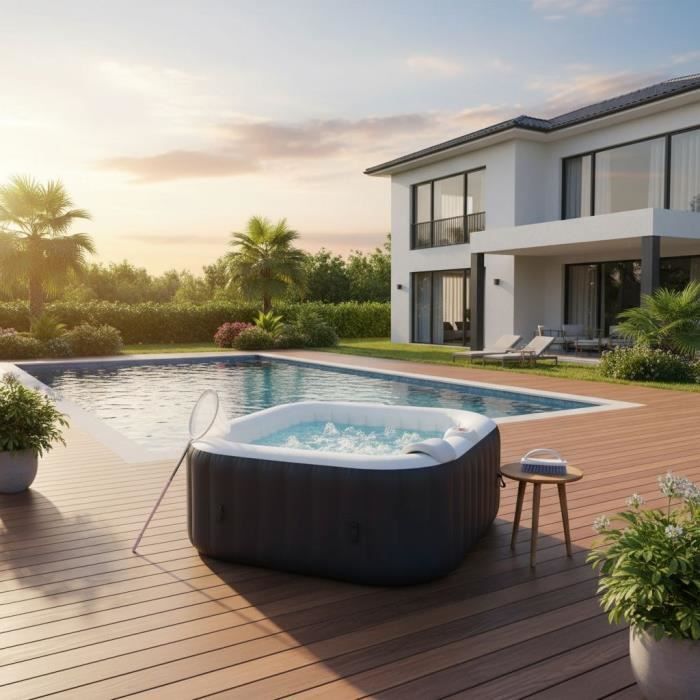 KIT TOUT INCLUS SPA et accessoires : spa gonflable carré 4 places avec 2 appuis tetes, filtre, épuisette, brosse, tapis, couverture