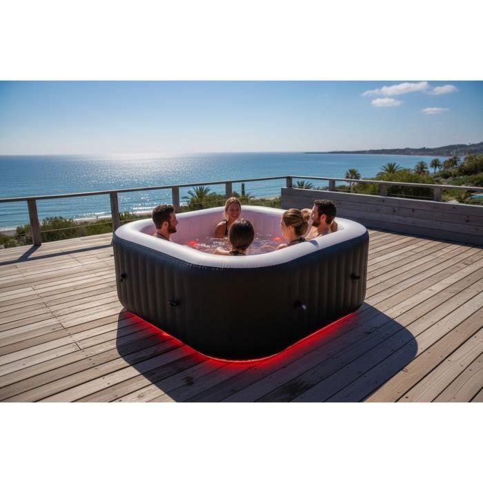 Spa gonflable avec bandeau LED SUNSPA - AC02-LED - 185 x 65 cm - 6 places - Carré (Avec filtre, cadenas, tapis de sol et