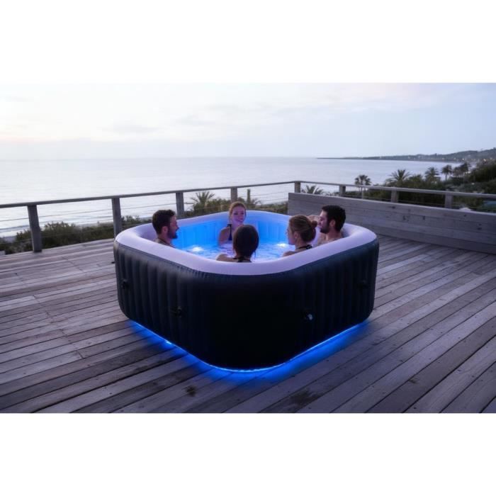 Spa gonflable avec bandeau LED SUNSPA - AC02-LED - 185 x 65 cm - 6 places - Carré (Avec filtre, cadenas, tapis de sol et