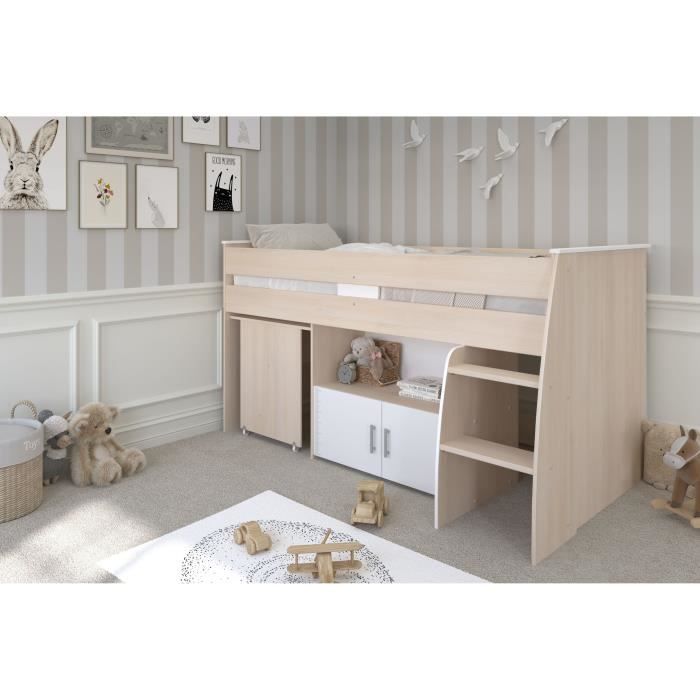 Lit combiné enfant Parisot ZOLA 90x200 cm - 2 portes - Avec bureau - Décor acacia clair et blanc
