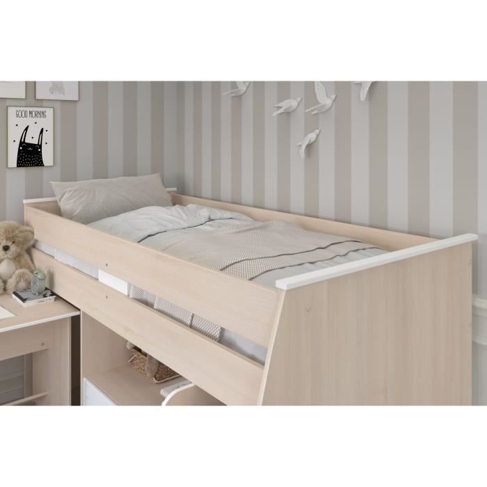 Lit combiné enfant Parisot ZOLA 90x200 cm - 2 portes - Avec bureau - Décor acacia clair et blanc