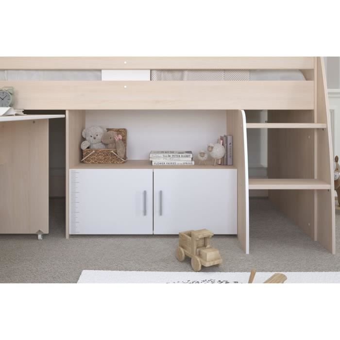 Lit combiné enfant Parisot ZOLA 90x200 cm - 2 portes - Avec bureau - Décor acacia clair et blanc