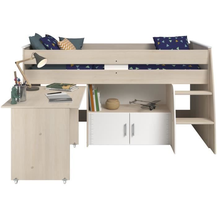 Lit combinÈ enfant Parisot ZOLA 90x200 cm - 2 portes - Avec bureau - DÈcor acacia clair et blanc