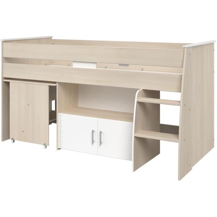 Lit combinÈ enfant Parisot ZOLA 90x200 cm - 2 portes - Avec bureau - DÈcor acacia clair et blanc