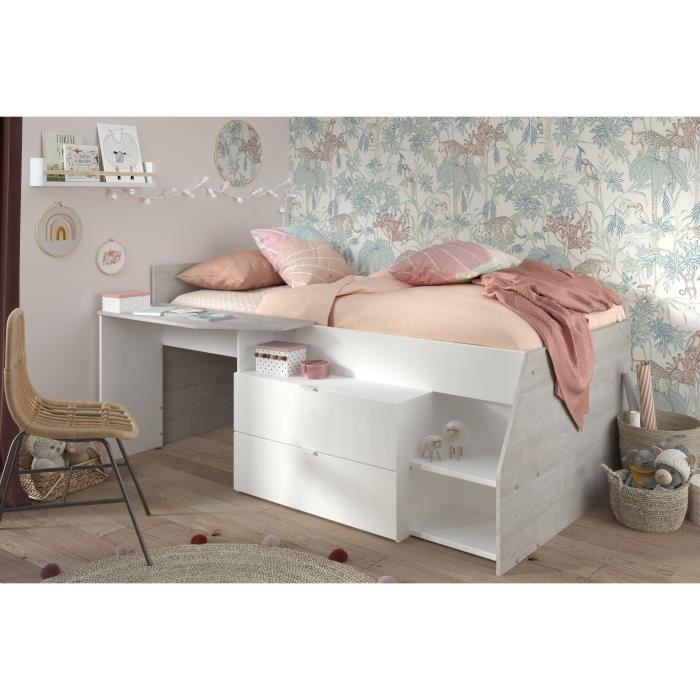 Lit combiné enfant contemporain PARISOT KIM - gris loft et blanc - l 90 x L 190 ou 200 cm