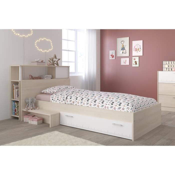 PARISOT Ensemble lit + tete de lit avec rangement - Style contemporain - Décor acacia clair et blanc - CHARLEMAGNE