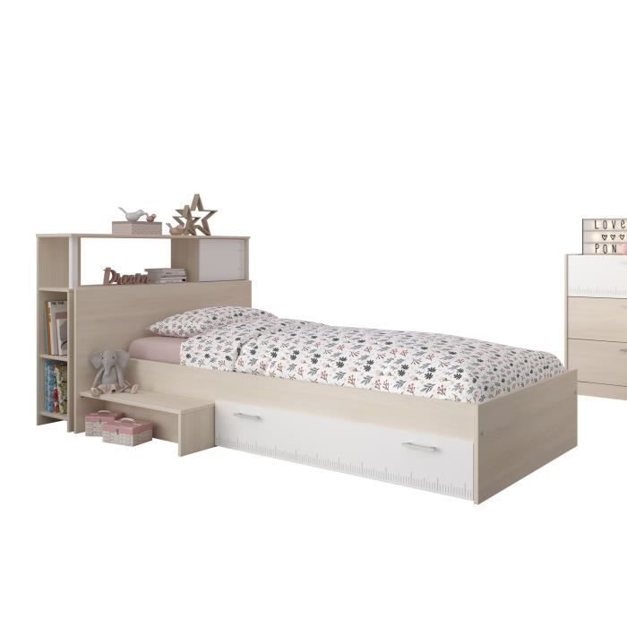 PARISOT Ensemble lit + tete de lit avec rangement - Style contemporain - Décor acacia clair et blanc - CHARLEMAGNE