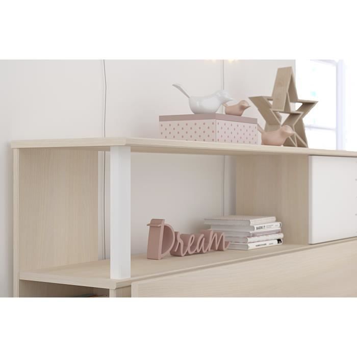 PARISOT Ensemble lit + tete de lit avec rangement - Style contemporain - Décor acacia clair et blanc - CHARLEMAGNE