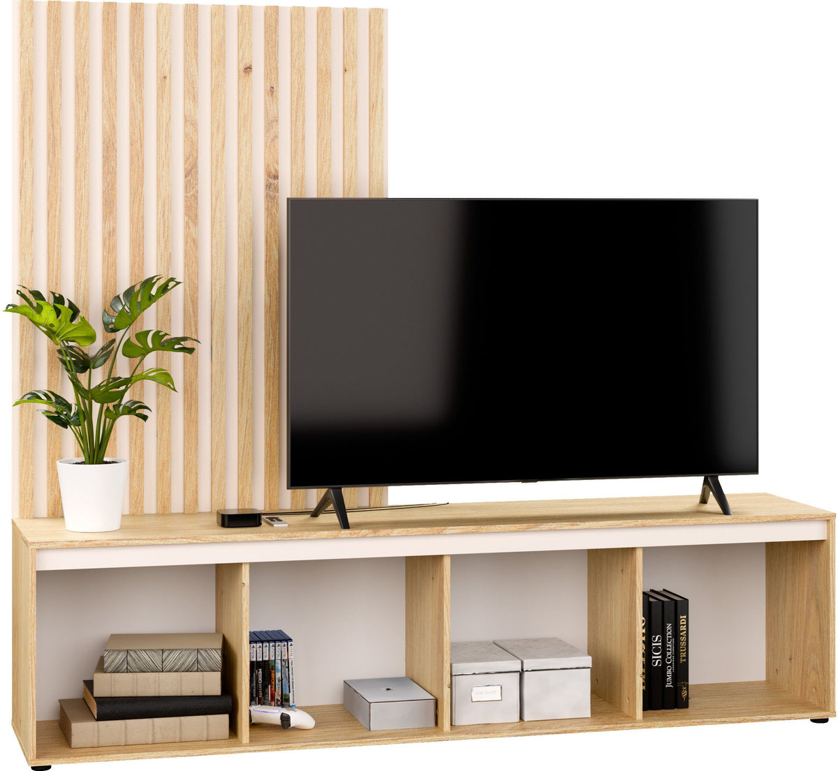 Meuble TV paroi - SKELPE - Sable / Chene - 4 portes - 188,3 x 42 x 169,7 cm