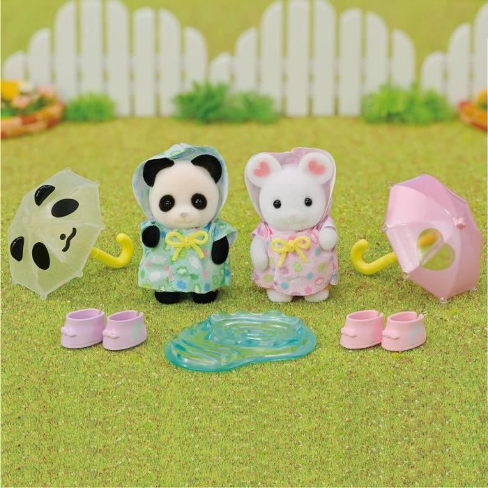 Figurines Articulées - SYLVANIAN FAMILIES - Duo Bébés en Habits de Pluie - Panda et Souris Marshmallow