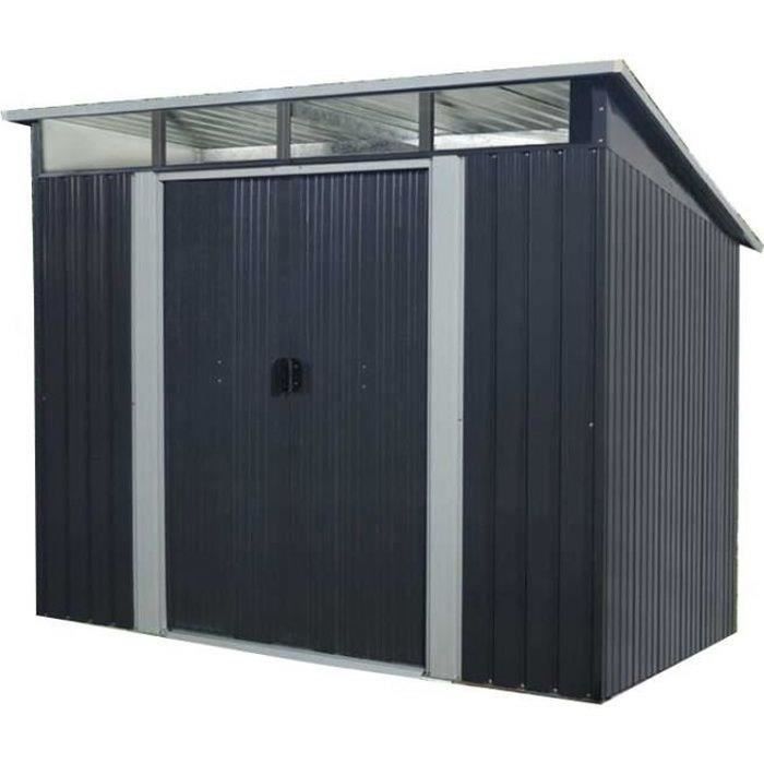 Abri de jardin en métal 4,61 m² - 238 x 193 x 202 cm - SOLER - Kit d'ancrage inclus, 2 portes coulissantes - Gris