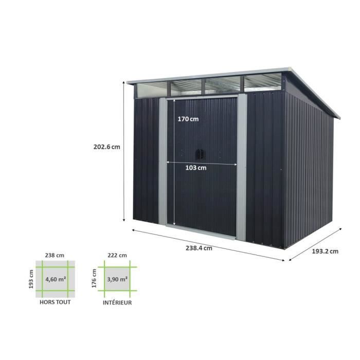 Abri de jardin en métal 4,61 m² - 238 x 193 x 202 cm - SOLER - Kit d'ancrage inclus, 2 portes coulissantes - Gris