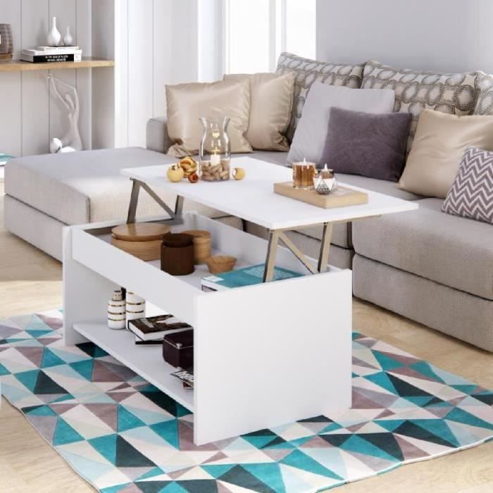 Table basse relevable - Style contemporain blanc mat - L 100 x P50 x H44cm - HAPPY