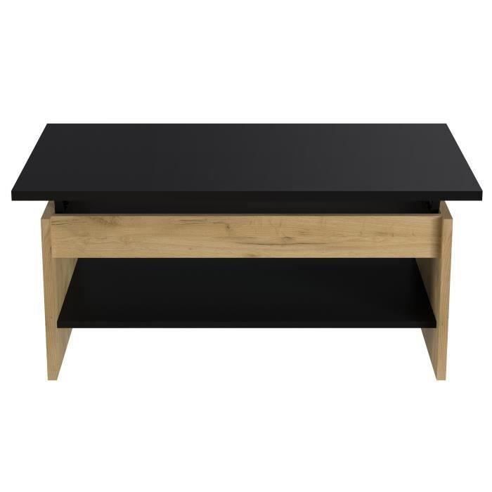 Table basse - DÈcor chene et noir - Relevable - L 100 x P 50 x H 44 cm - HAPPY