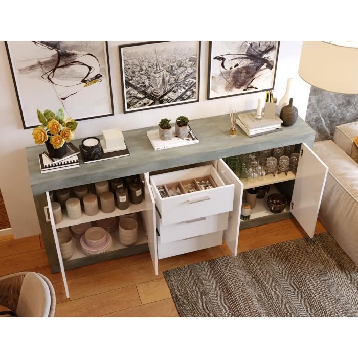 STONE Buffet 4 portes 3 tiroirs - DÈcor bÈton et blanc - L 206 x P 45 x H 83,4 cm