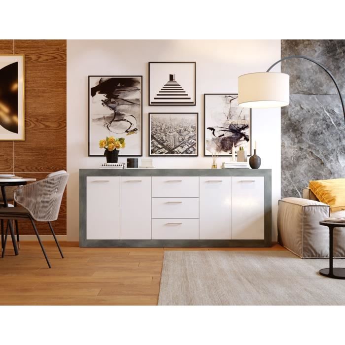 STONE Buffet 4 portes 3 tiroirs - DÈcor bÈton et blanc - L 206 x P 45 x H 83,4 cm
