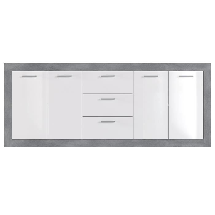 STONE Buffet 4 portes 3 tiroirs - DÈcor bÈton et blanc - L 206 x P 45 x H 83,4 cm