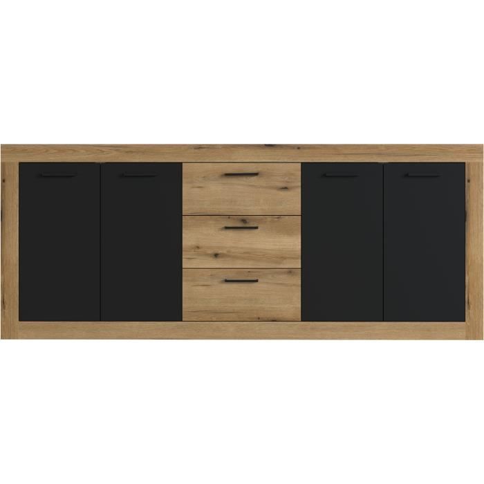 Buffet INDUS MÈlaminÈ chene et noir - 4 portes + 3 tiroirs - Style industriel - L 206 x P 45 x H 83,5 cm STONE