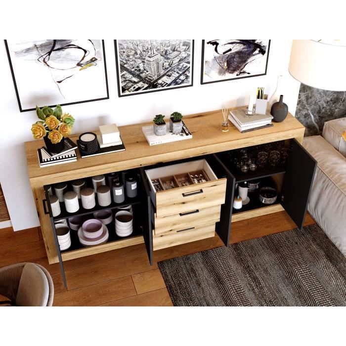 Buffet INDUS MÈlaminÈ chene et noir - 4 portes + 3 tiroirs - Style industriel - L 206 x P 45 x H 83,5 cm STONE
