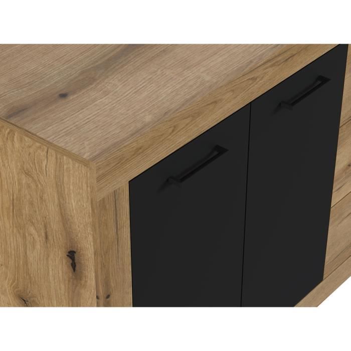 Buffet INDUS MÈlaminÈ chene et noir - 4 portes + 3 tiroirs - Style industriel - L 206 x P 45 x H 83,5 cm STONE