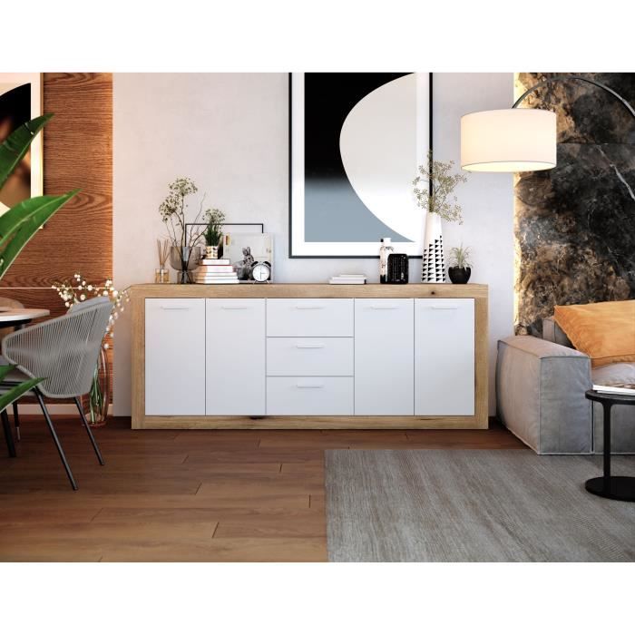 Buffet MÈlamine chene rustique et blanc mat - 4 portes et 3 tiroirs L 206 x P 45 x H 83,4 cm STONE