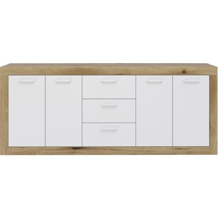 Buffet MÈlamine chene rustique et blanc mat - 4 portes et 3 tiroirs L 206 x P 45 x H 83,4 cm STONE