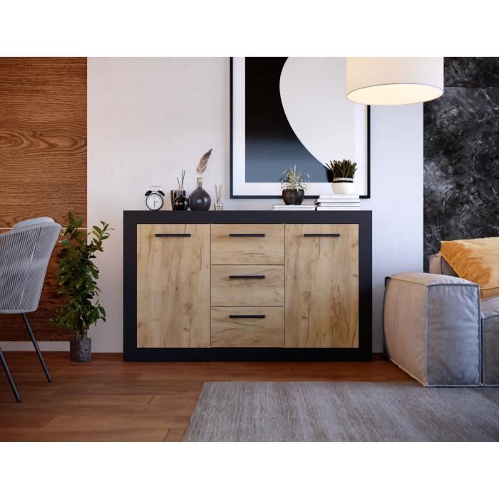 Buffet STONE INDUS 2 Portes + 3 Tiroirs - MÈlaminÈ chene rustique et noir - Style industriel - L147 x P37 x H89 cm