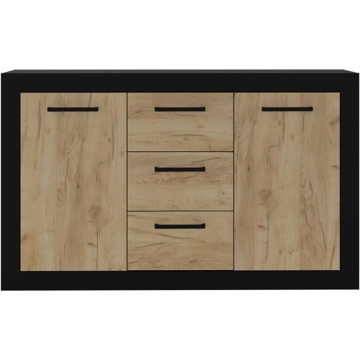 Buffet STONE INDUS 2 Portes + 3 Tiroirs - MÈlaminÈ chene rustique et noir - Style industriel - L147 x P37 x H89 cm