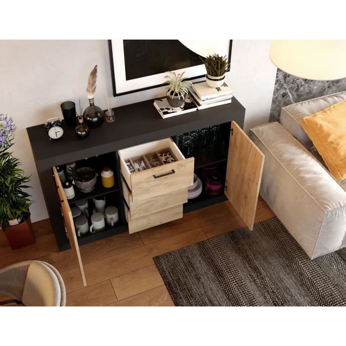 Buffet STONE INDUS 2 Portes + 3 Tiroirs - MÈlaminÈ chene rustique et noir - Style industriel - L147 x P37 x H89 cm