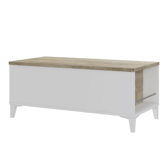 Table basse avec plateau relevable - Blanc/Chene - L 100 x P 50/72 x H 42/55 cm - EVAN