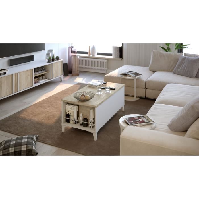 Table basse avec plateau relevable - Blanc/Chene - L 100 x P 50/72 x H 42/55 cm - EVAN
